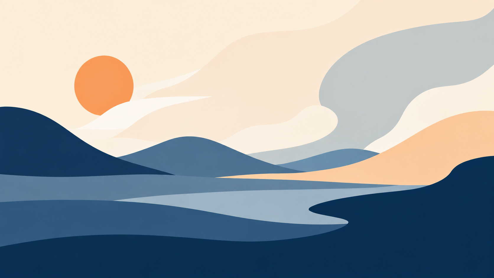 Abstract blue landscape under an orange sun
